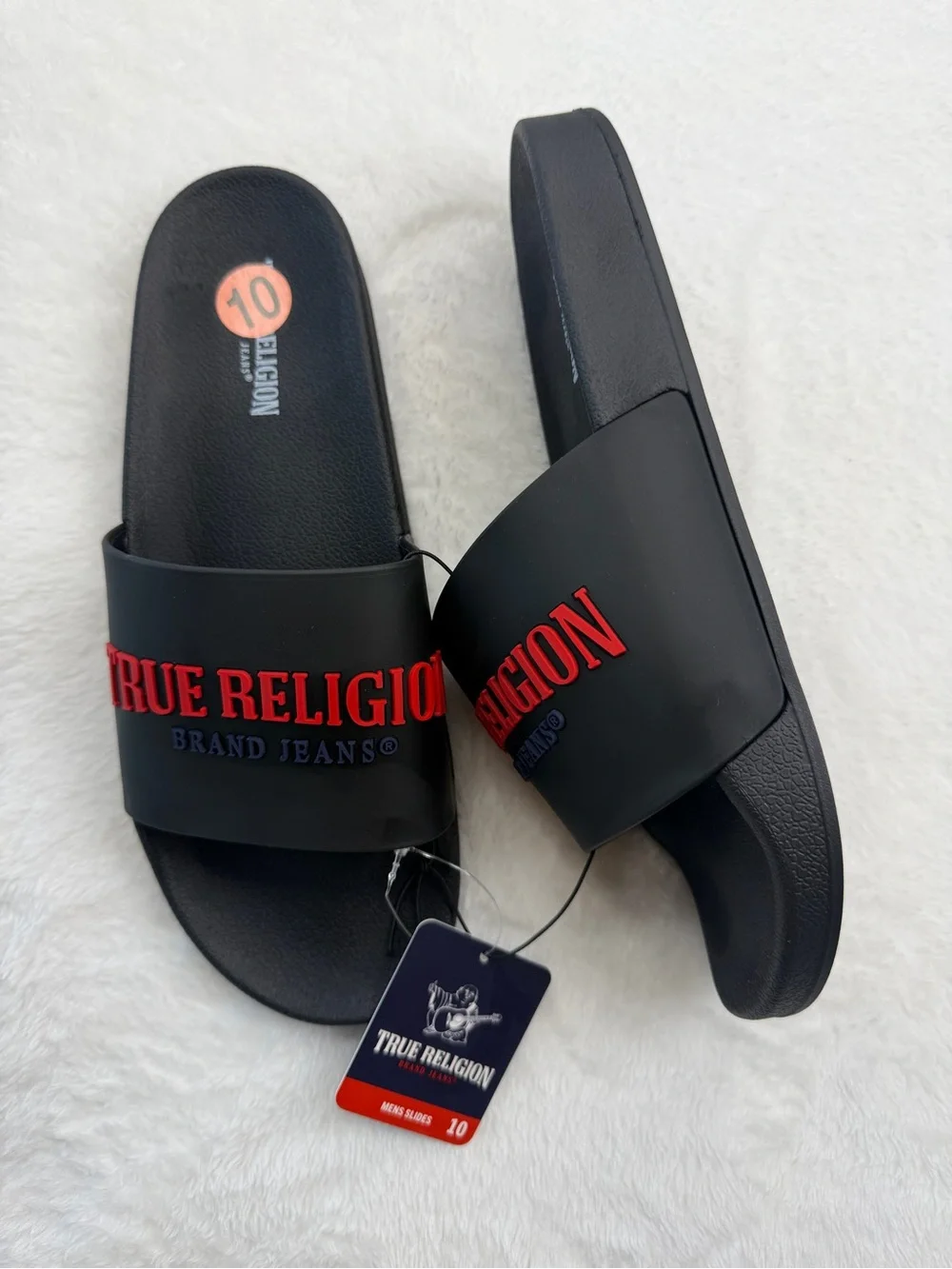 True Religion Black Slides with Red Raised Logo
